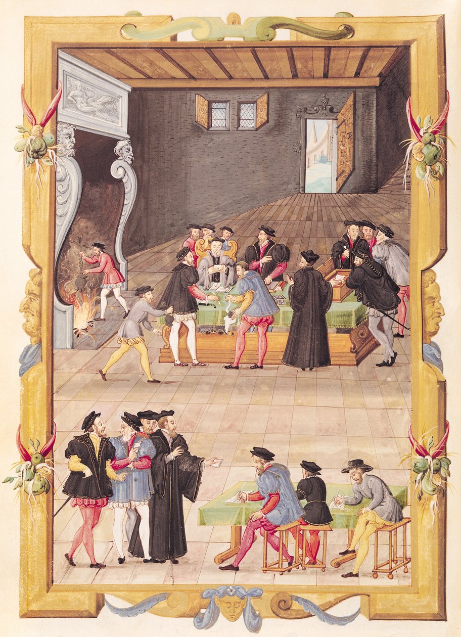 Ms 5169 f.2v Die Notare und die Sekretäre des Königs in der Halle des Kollegiums der Notare und Sekretäre des Königs von French School