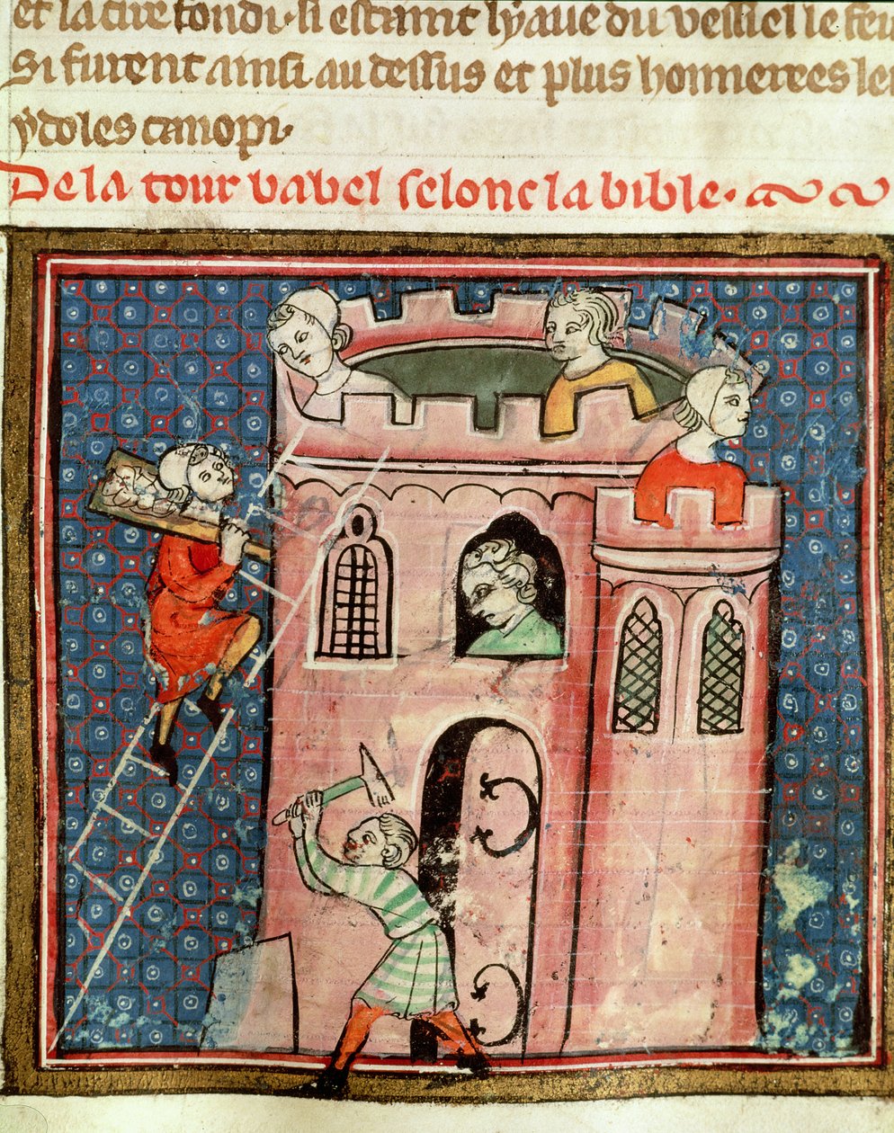 Der Bau des Turms von Babel, aus der Bible Historiale von Guiart des Moulins von French School