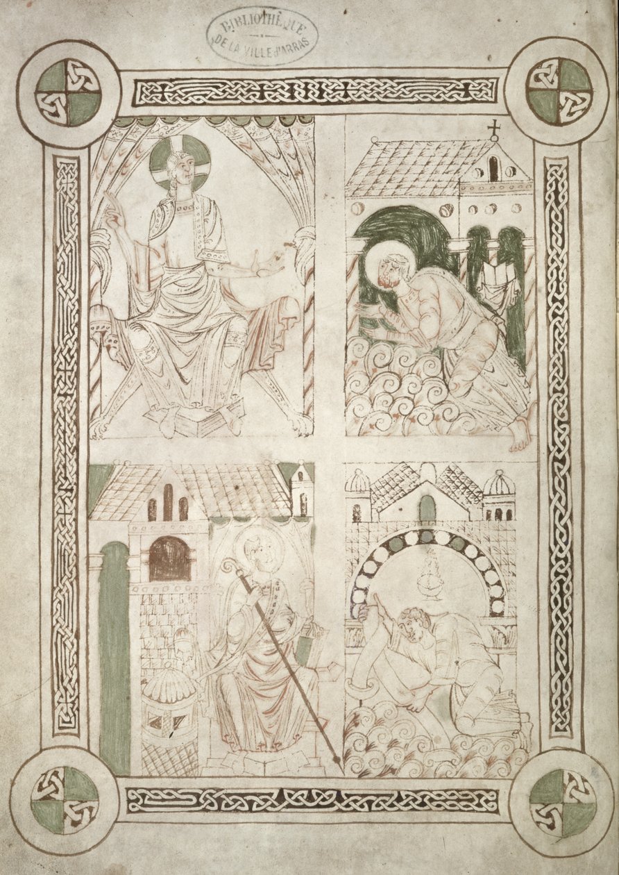 Ms 616 f.1v St. Augustinus zu Füßen Christi und der Schreiber Alardus, der ihm sein Buch anbietet, Frontispiz zu Confessiones von St. Augustinus von French School