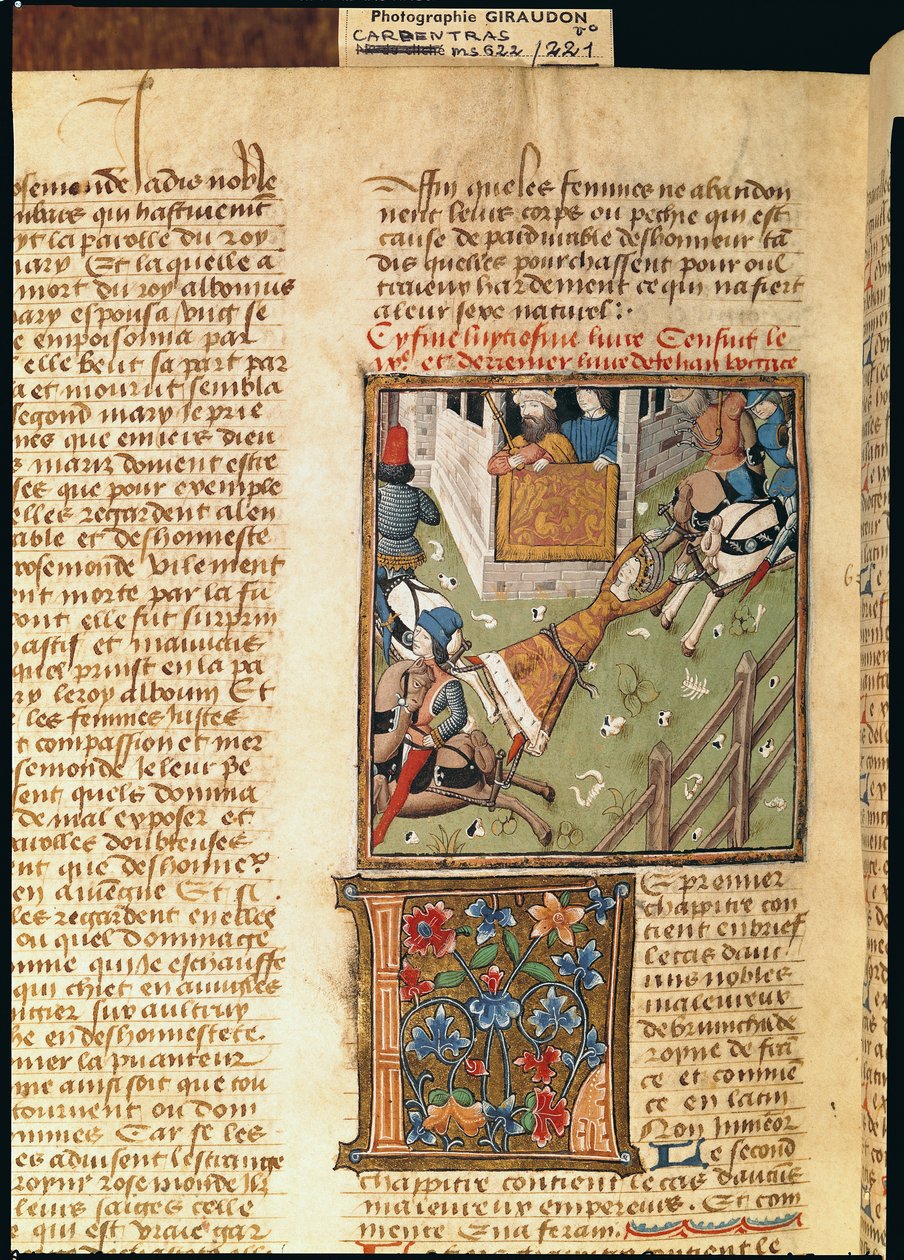 Ms 622 fol.221v Die Folterung von Brunhilda aus Des Hommes Illustres, ca. 1460 von French School