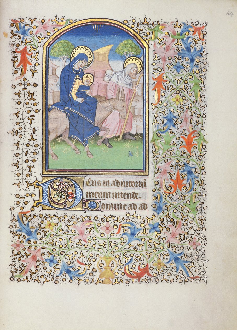 Die Flucht der Heiligen Familie, aus dem Besançon Stundenbuch von French School