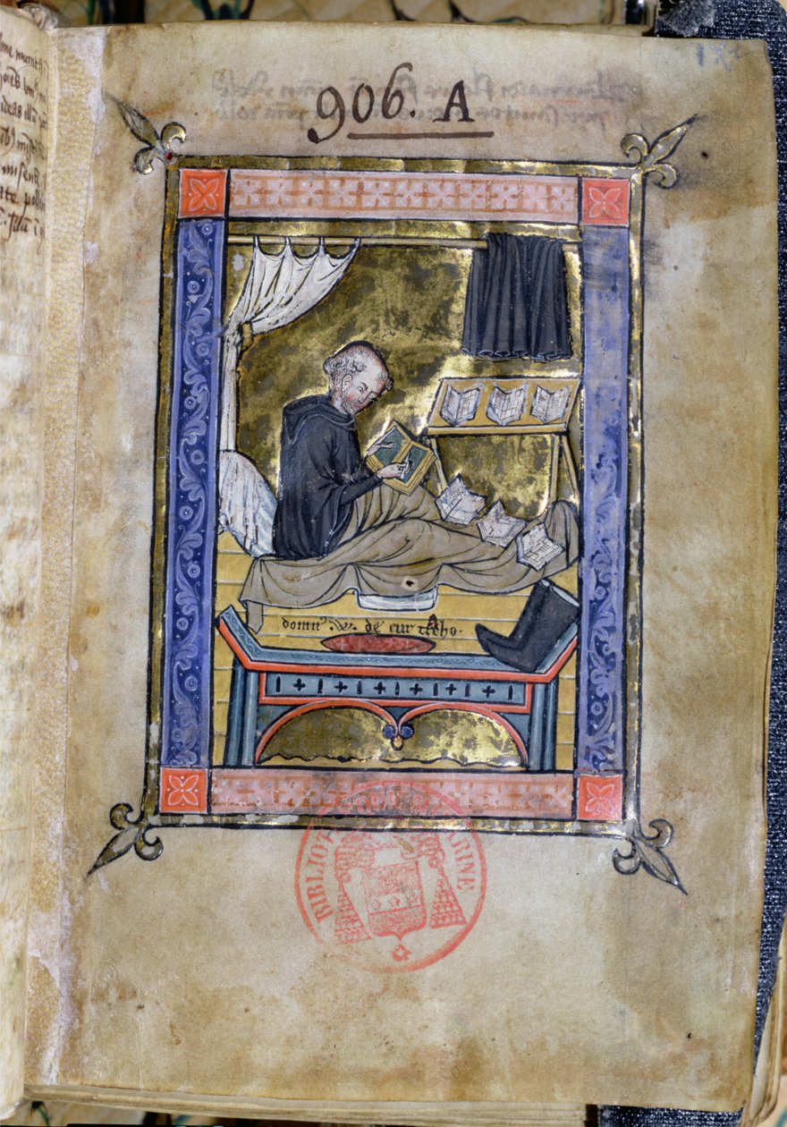 Ms 753 Fol.9 Mönch, der in seinem Bett schreibt, aus Flores Bernardi von Guillaume de Tournai von French School