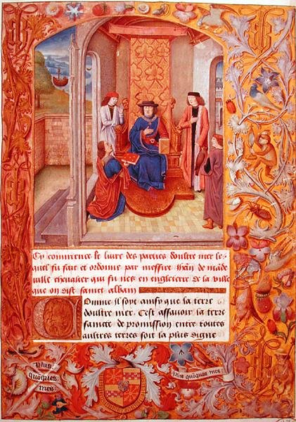 Ms 95 Fol.1 Der Autor bietet dem Herzog von Burgund sein Buch an, aus den Wappenbüchern von Adolphe de Cleves, frühes 15. Jahrhundert von French School