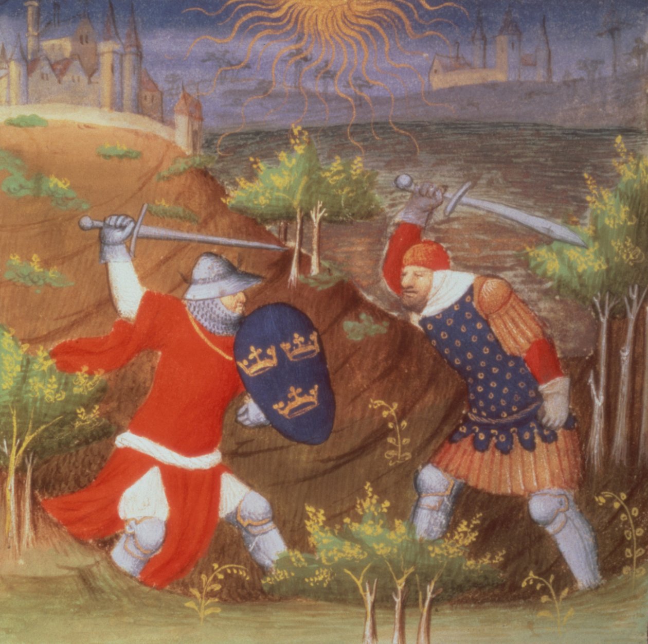 König Artus kämpft gegen einen römischen General, aus einer Handschrift der Histories von French School