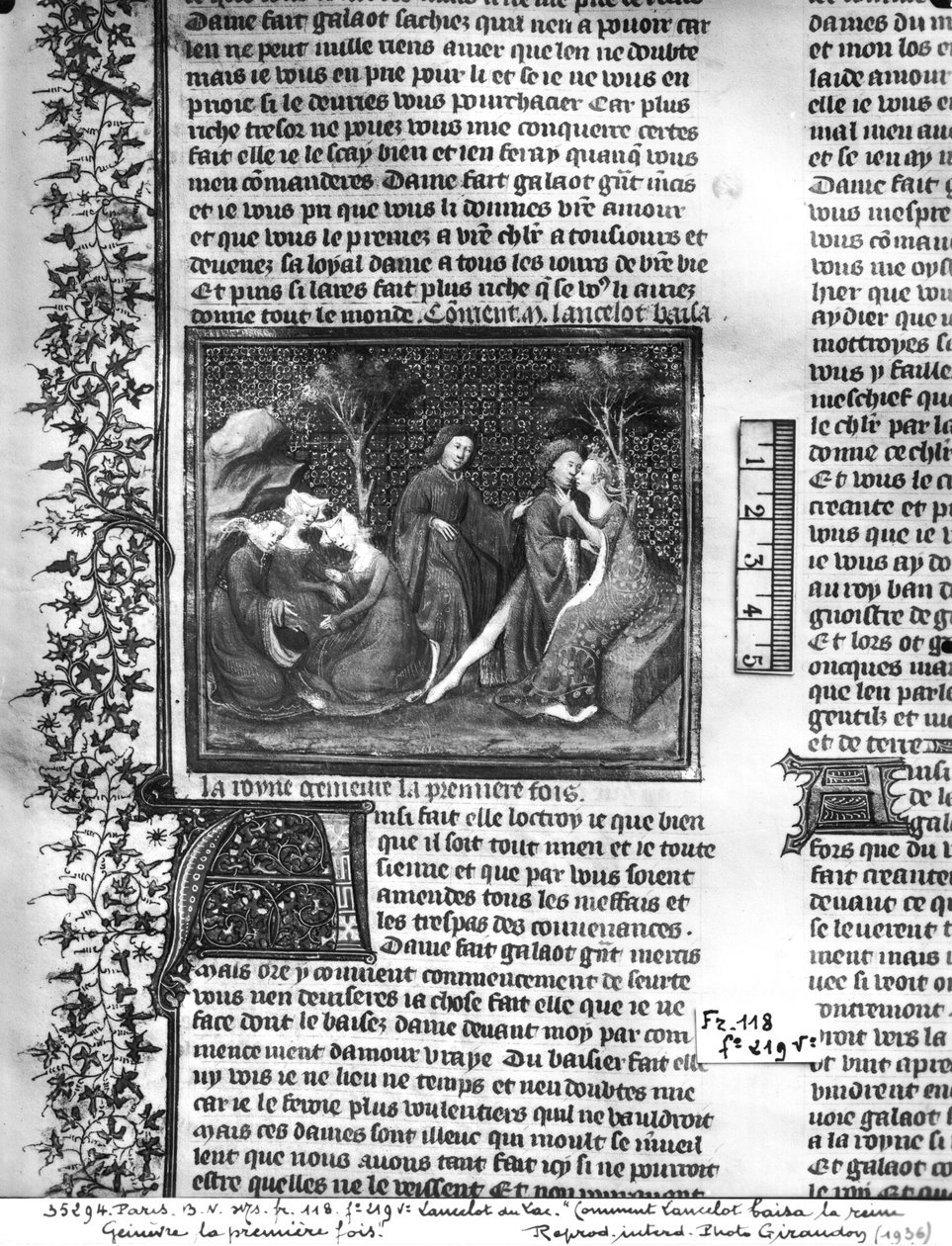 Ms Fr 118 fol.219v Wie Lancelot Guinevere zum ersten Mal küsste, aus dem Livre de Messire Lancelot du Lac von French School