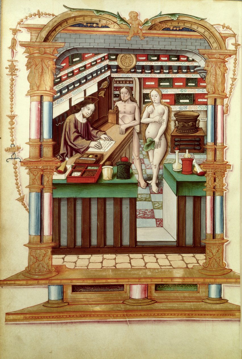Ms Fr 1537 Christus der Apotheker mit Adam und Eva, aus Chants royaux sur la Conception couronnee du Puy de Rouen von French School
