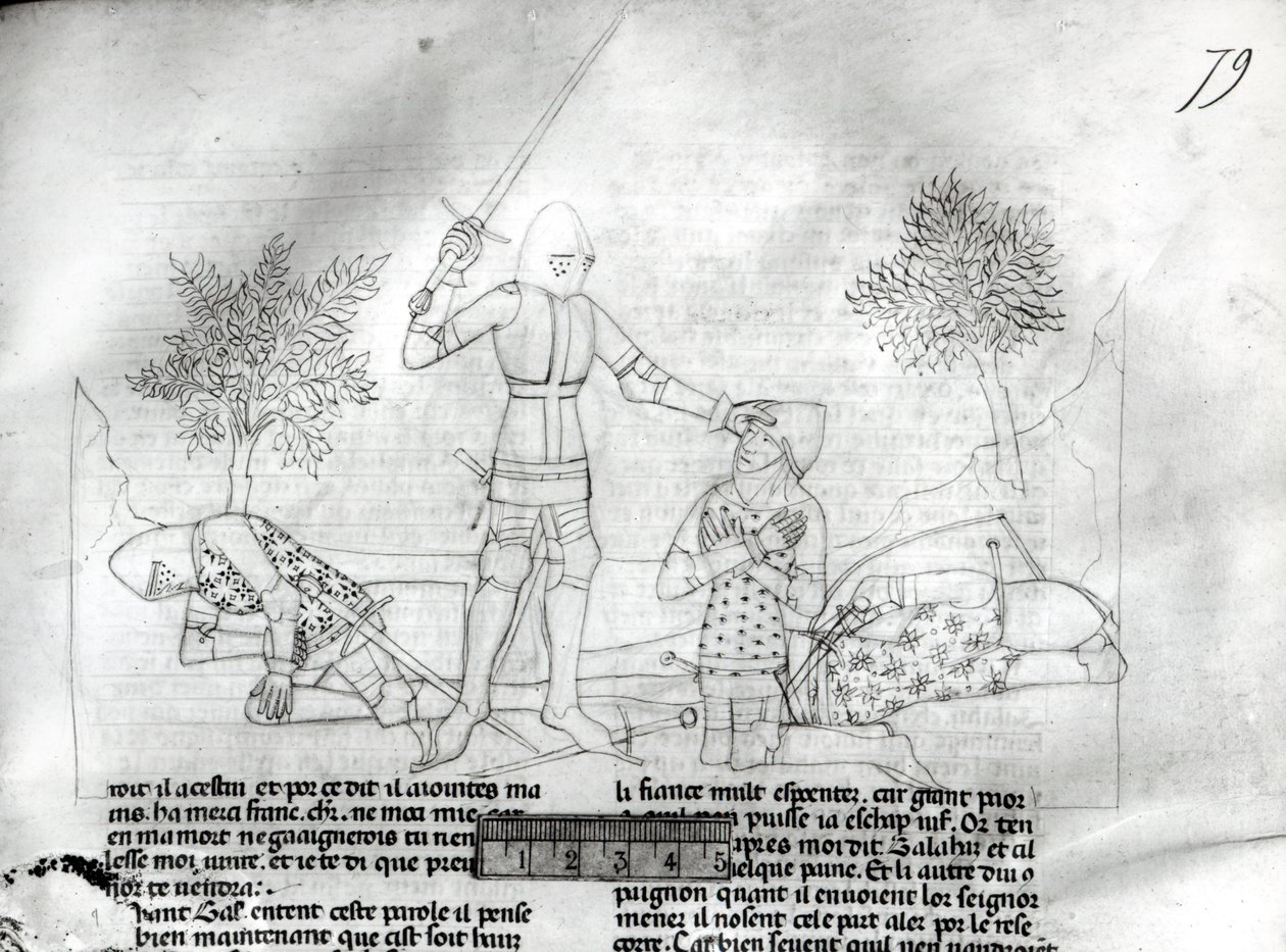 Ms Fr 343 f.79 Ein Ritter wird auf einem Schlachtfeld gerüstet, aus Lancelot du Lac von French School
