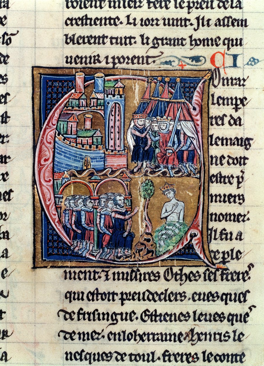 Ms Fr 9081 fol.206 Historisierte Initiale C, die Konrad III. (1137-52), Kaiser von Deutschland, und Ludwig VII. (1120-80), König von Frankreich, zeigt, die 1148 Damaskus belagern, aus Histoire de Jerusalem von William von French School
