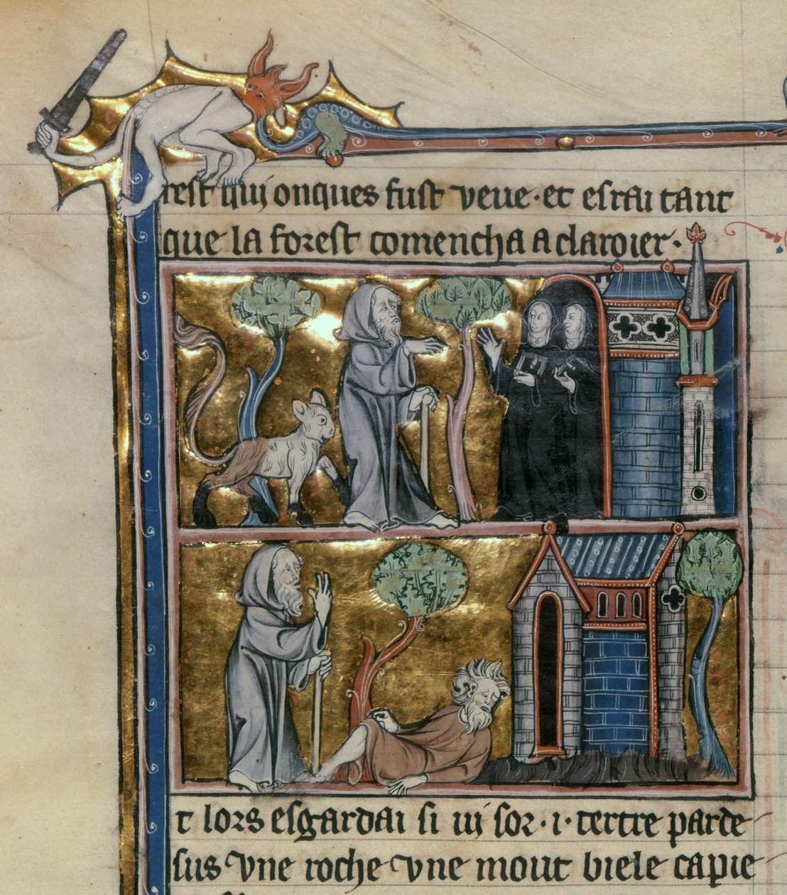 Ms Fr 95 f.4v Einsiedler und Tier, aus der Geschichte des Heiligen Grals, ca. 1280-90 von French School