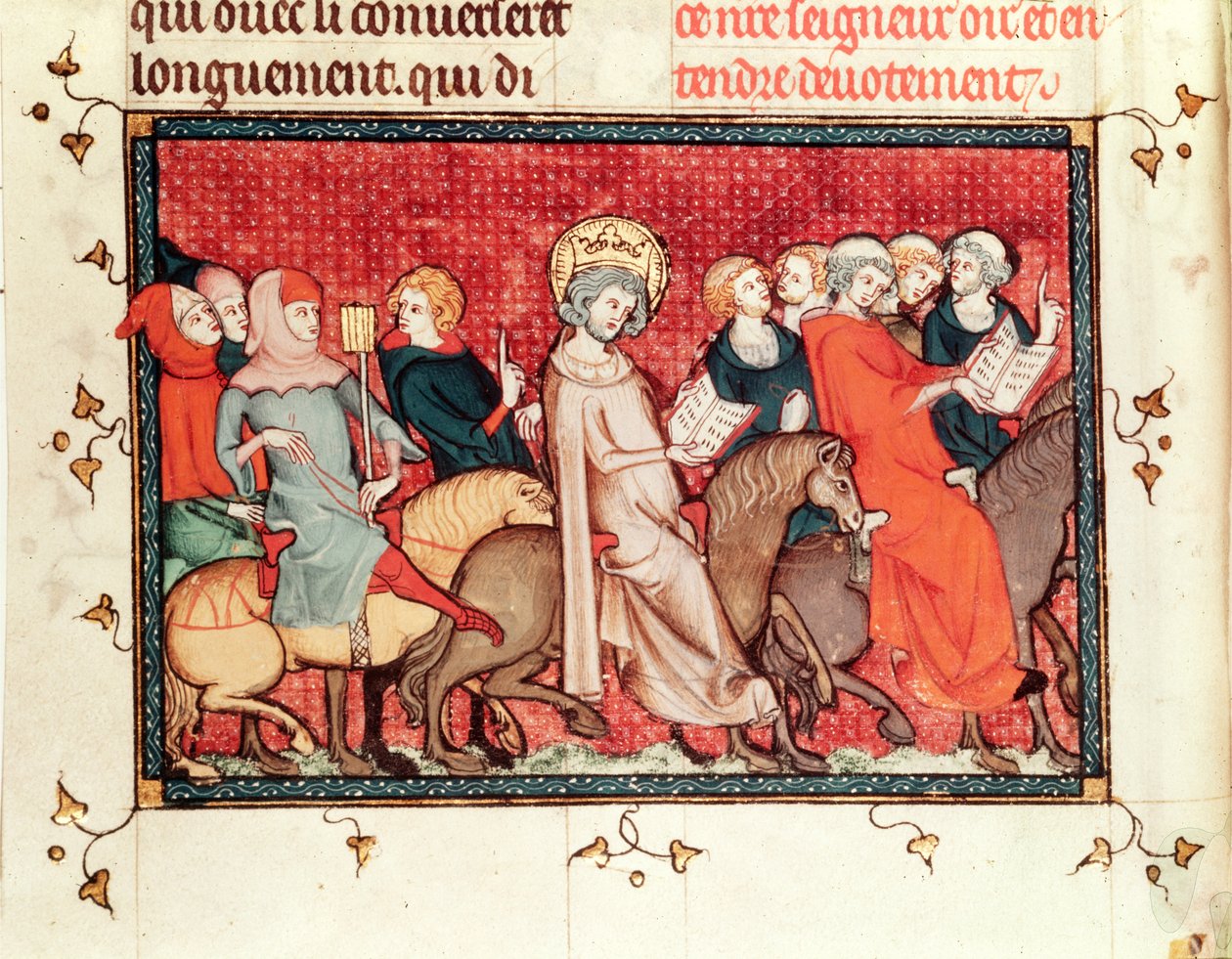 Ms Fr fol.48 Der König diktiert seine Stunden während des Reitens, aus dem Leben und den Wundern des hl. Ludwig, ca. 1330-40 von French School