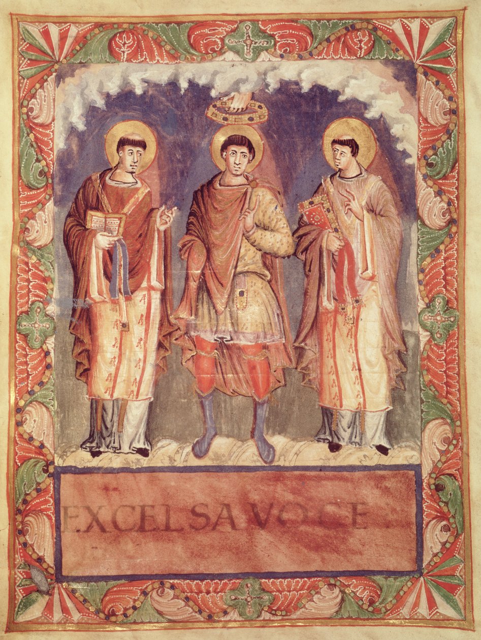 Ms Lat 1141 fol.2v Die Krönung von Karl II. (823-877) mit den Erzbischöfen von Reims und Trier, aus dem Sacrementaire de Metz von French School