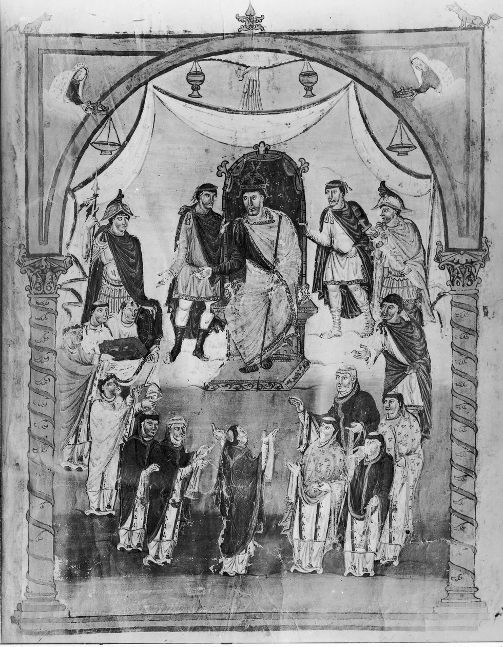 König Karl II. (823-877) erhält eine Bibel von Graf Vivian und den Mönchen von Saint-Martin de Tours, aus der ersten Bibel von Karl dem Kahlen, ca. 843-51 von French School