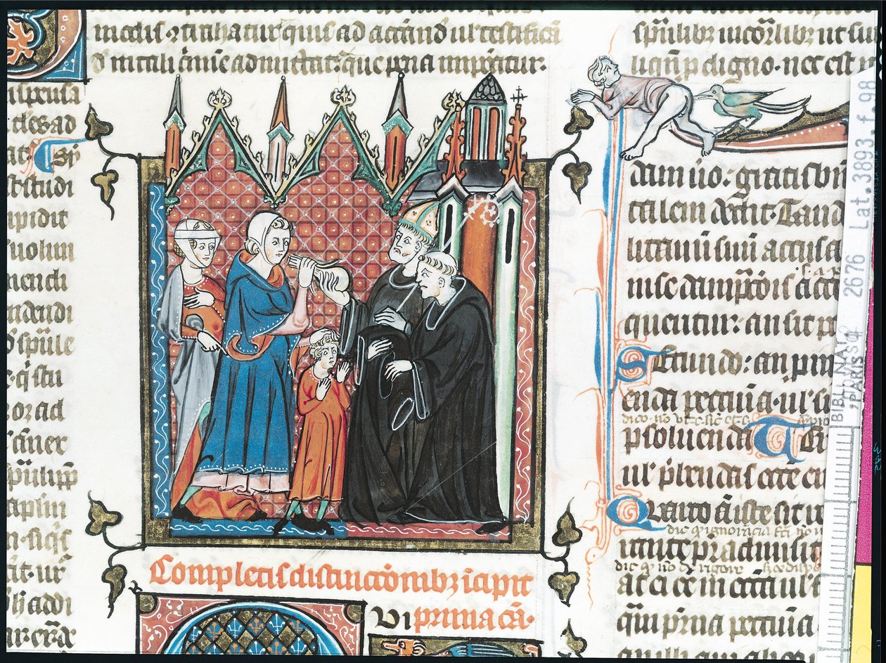 Eltern bieten einem Bischof Geld an, um ihren Sohn ins Kloster aufzunehmen, 1314 von French School