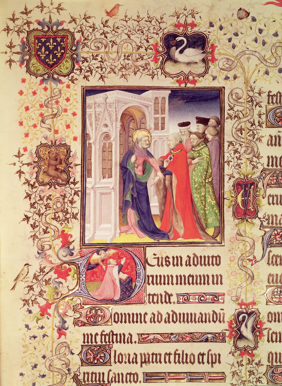 Jean de France, Herzog von Berry, wird von St. Peter in die Himmelspforte geführt, mit einem historierten Initial 