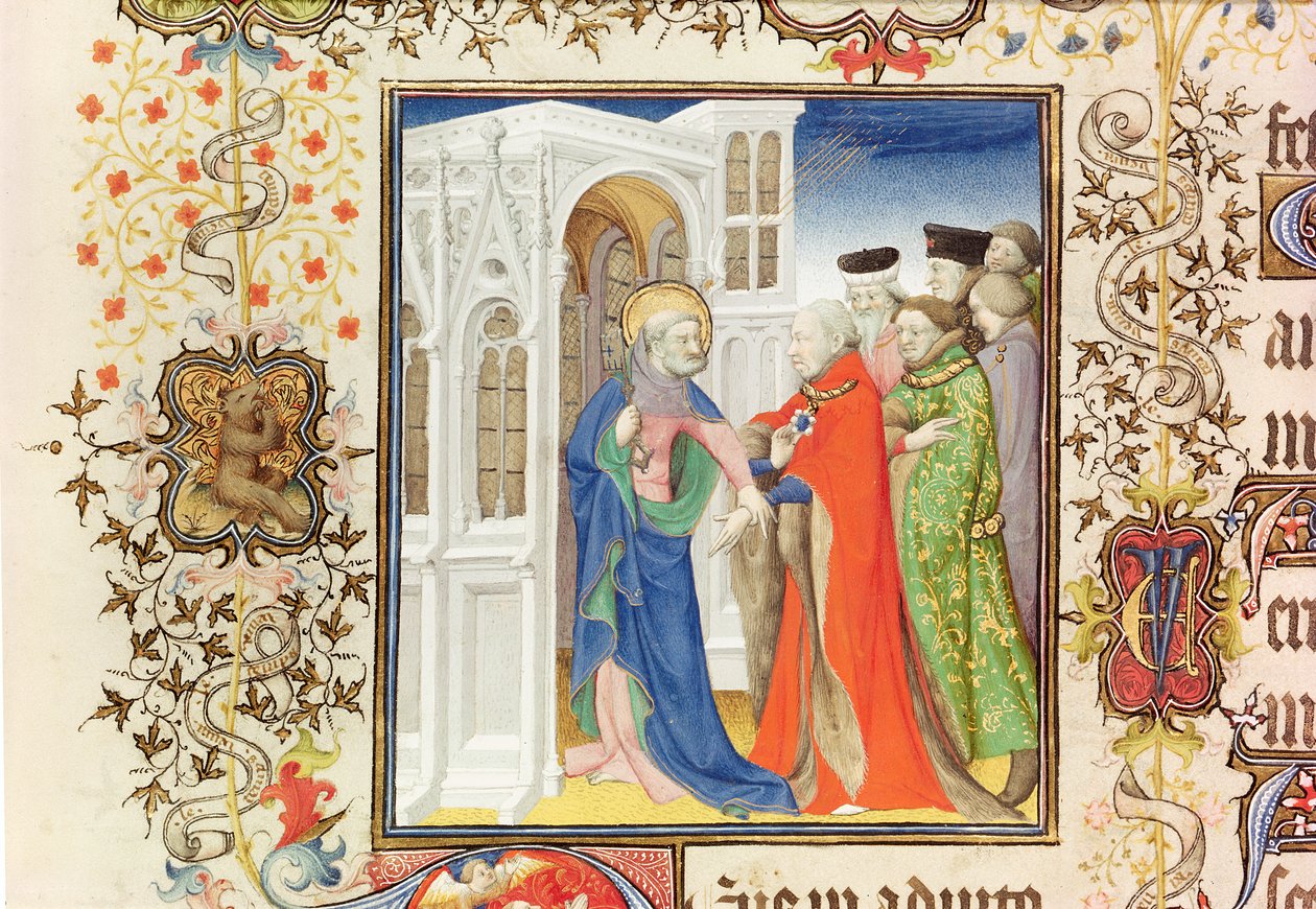 St. Peter führt Jean de France (1340-1416) Herzog von Berry ins Paradies, aus den Grandes Heures de Duc de Berry, 1409 von French School
