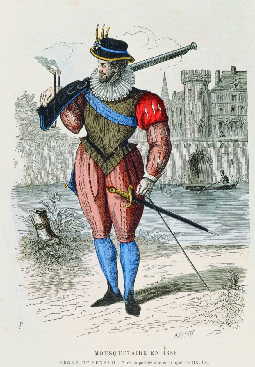 Musketier im Jahr 1586, Illustration aus Costumes de Paris à travers les siècles von H. Gourdon de Genouillac, graviert von A. Renard von French School