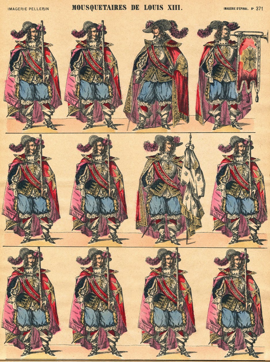 Musketiere von Ludwig XIII., beschreibende Platte. Bild von Epinal von French School