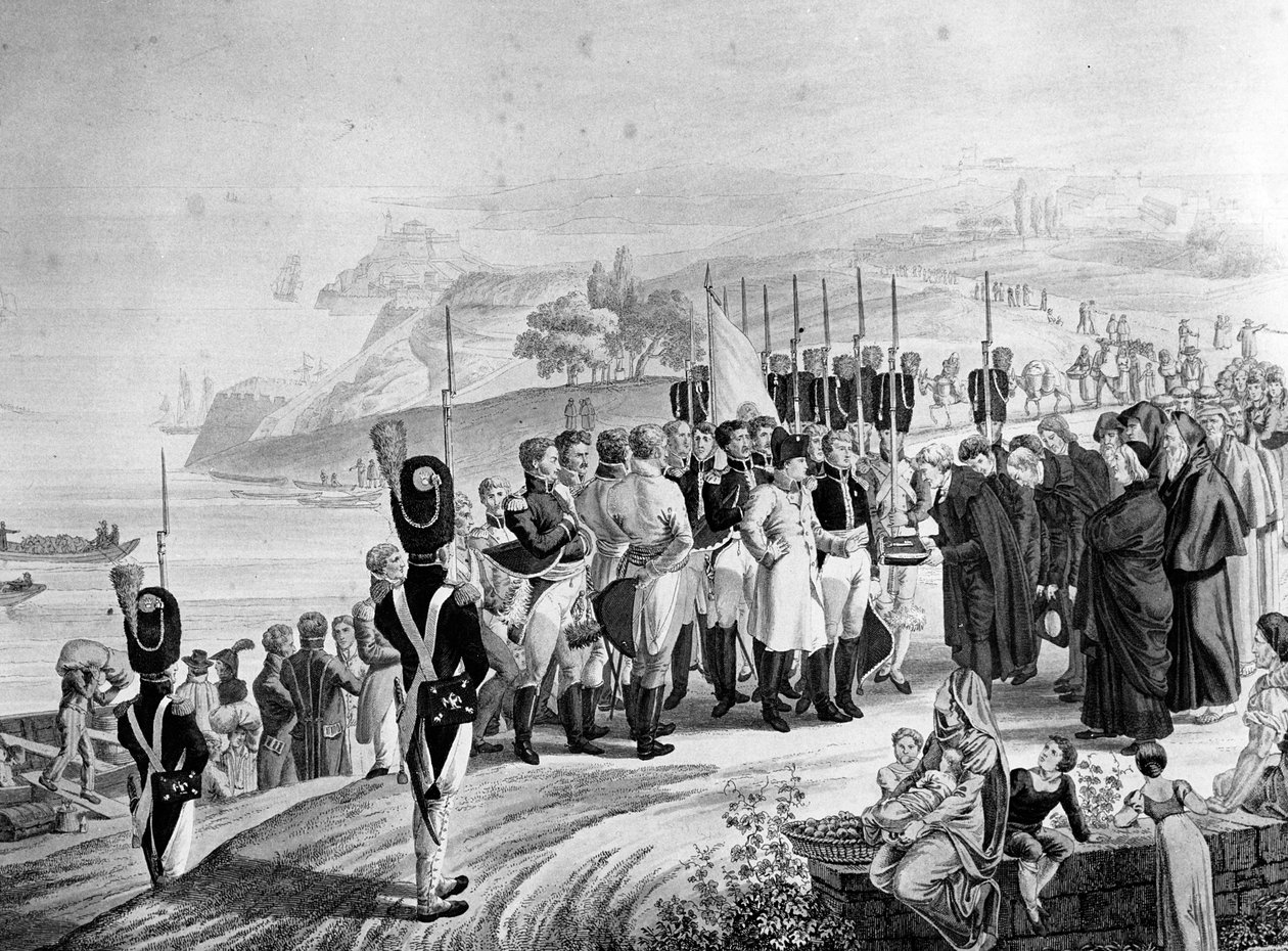 Napoleon (1769-1821) kommt auf der Insel Elba an, 1814 von French School