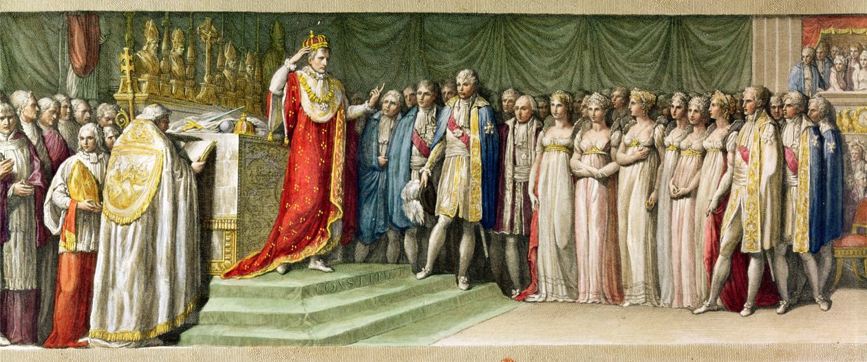 Napoleon Bonaparte (1769-1821) krönt sich selbst mit der Eisernen Krone der Langobarden in Mailand, 1805 von French School