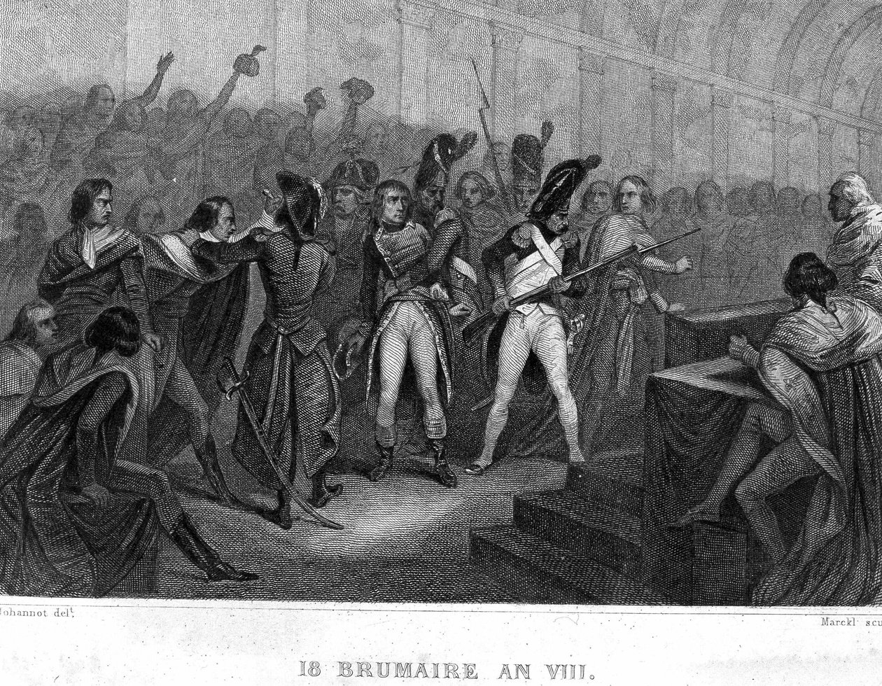 Napoleon Bonapartes Staatsstreich am 18. Brumaire Jahr VIII (1799) im Saal des Rates der Fünfhundert von Saint Cloud - in „Revolution francaise“ von Thiers. 19. Jahrhundert von French School