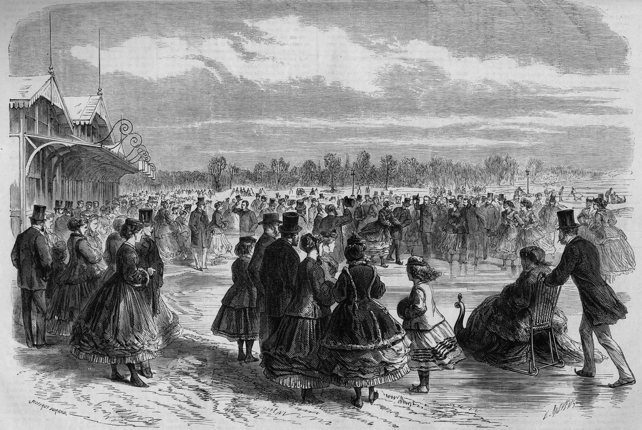 Napoleon III. und die Kaiserin Eugénie de Montijo im Club der Eisläufer des Bois de Boulogne in Paris. Gravur in „Le Monde Illustré“ Nr. 511 vom 26. Januar 1867. von French School