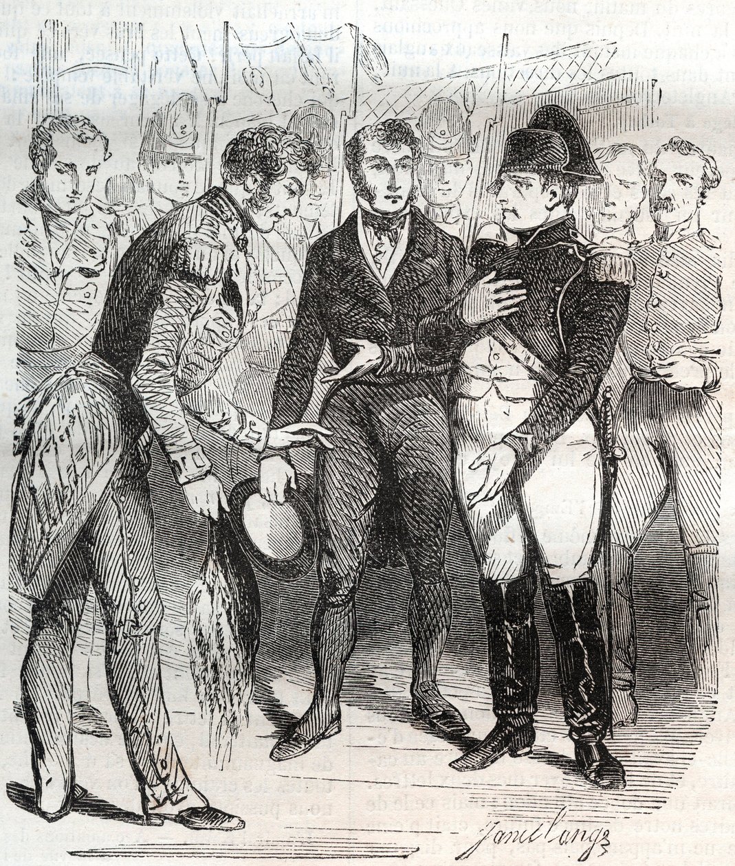 Napoleon vertraut auf den britischen Glauben - Napoleon Bonaparte besteigt das britische Schiff Bellerophon, das ihn am 14. Juli 1815 ins Exil nach St. Helena bringen wird von French School