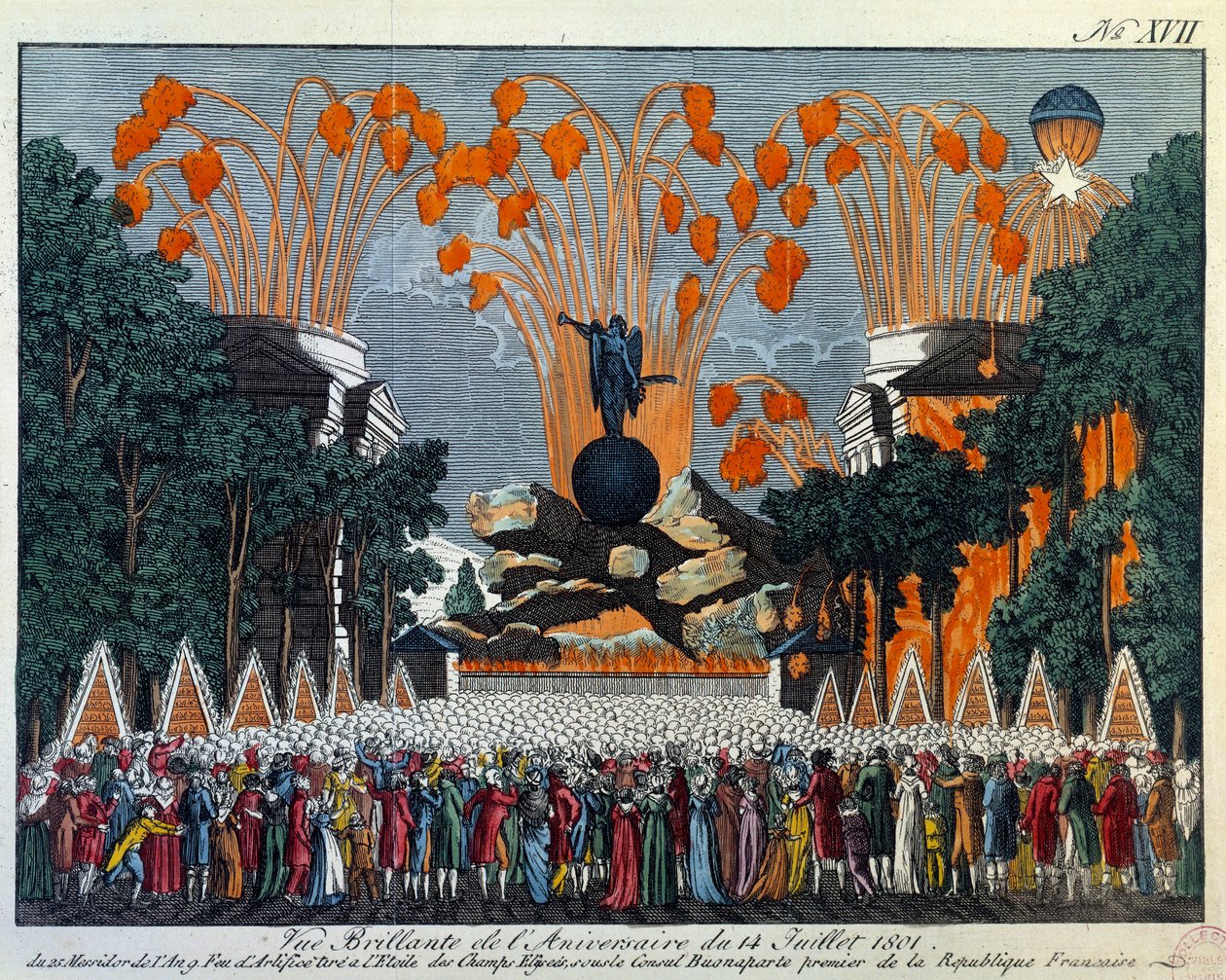 Nationalfeiertag am 14. Juli 1801 auf den Champs Elysees, Paris: Feuerwerk findet anstelle des Sterns auf den Champs Elysees in Paris statt. Druck von 1801 Paris, Musee Carnavalet von French School