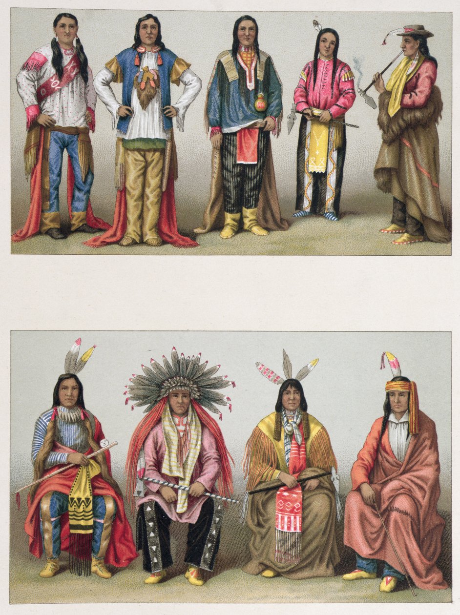 Ureinwohner aus dem Mississippi-Becken und aus Colorado, Illustration aus Le Costume Historique von A. Racinet, veröffentlicht in Paris 1888 von French School