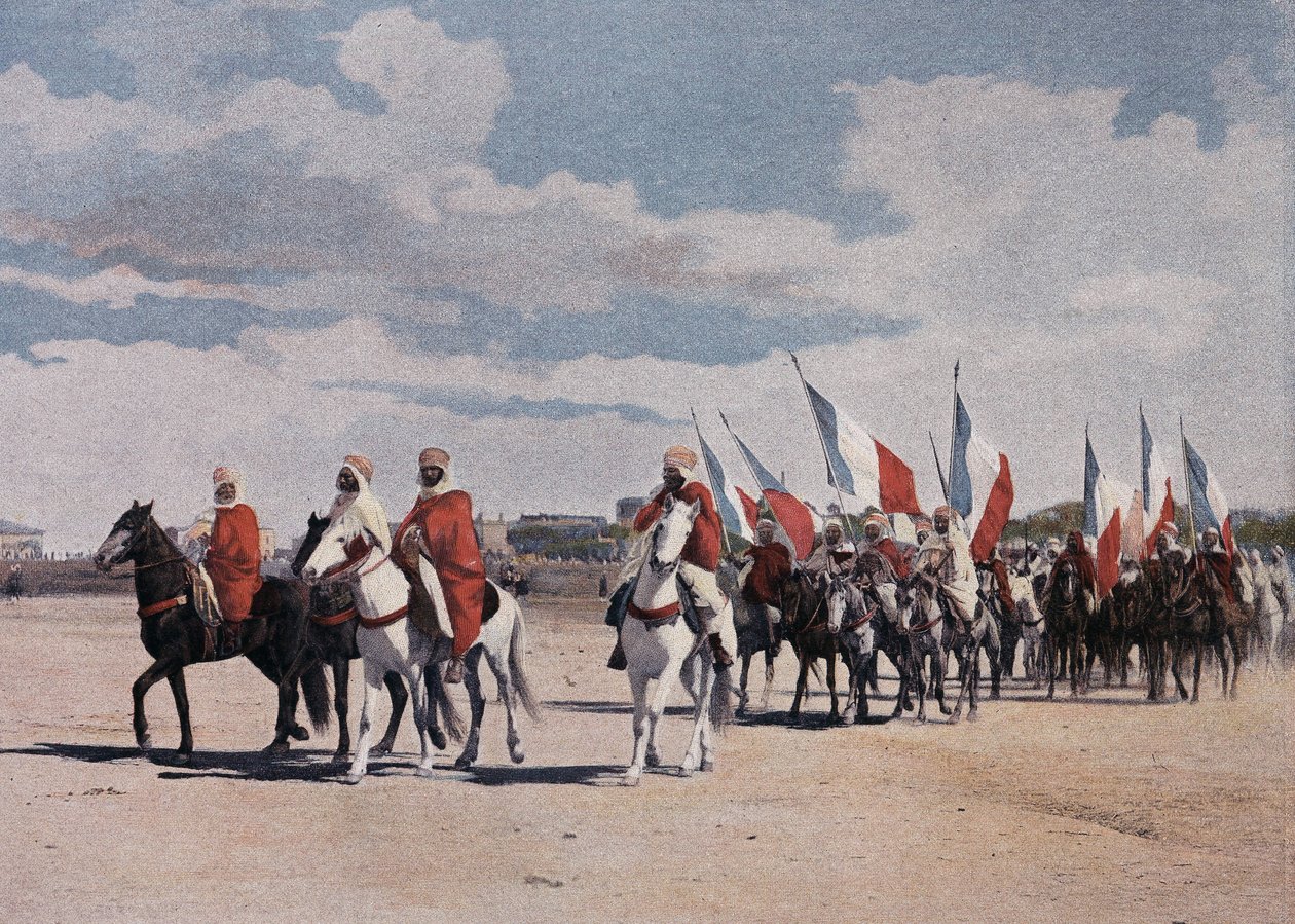 Einheimische Spahis gehen zu einer Fantasie in großer Pracht, entfaltete Banner - in „Militäralbum“ - Spahis von French School