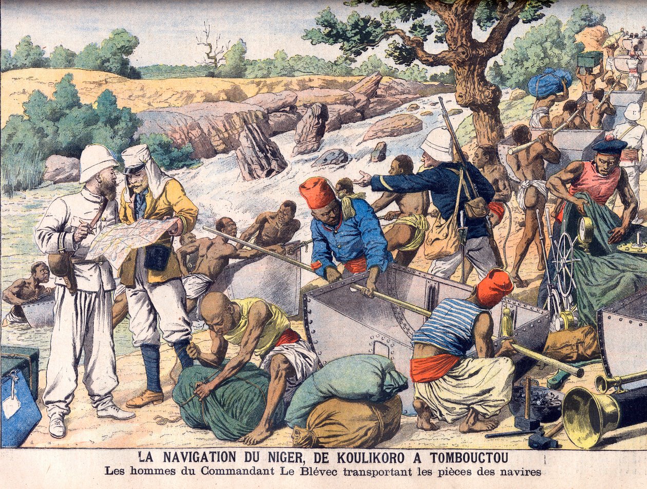 Navigation auf dem Fluss Niger zwischen Koulikoro und Timbuktu. Eine Expedition unter dem Kommando von Kommandant Le Blevec transportiert Boote in Abschnitten um Stromschnellen herum. Die Navigation des Niger, von Koulikoro nach Timbuktu. Die Männer von Ko von French School