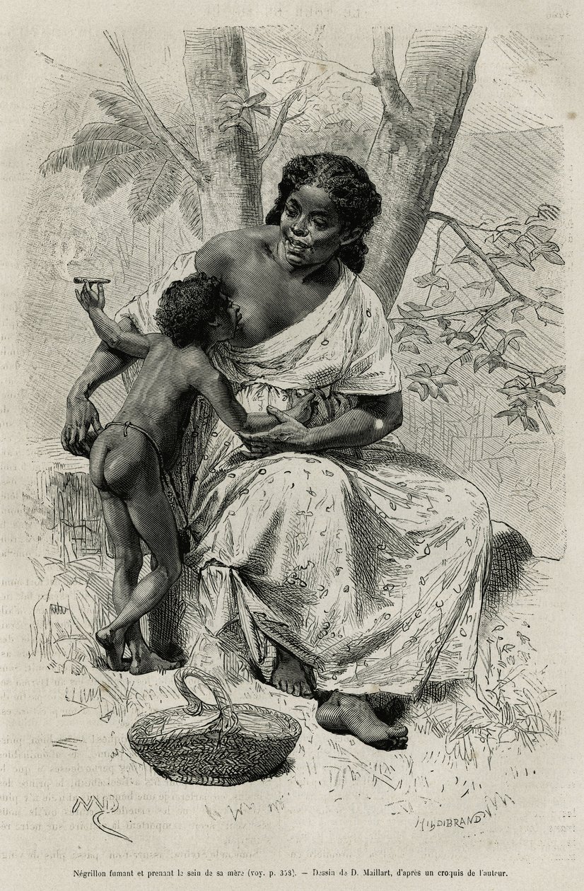 Negillon raucht und nimmt den Busen ihrer Mutter, in der Region Darien (östliches Panama), Gravur nach einer Zeichnung von D. Maillart, zur Illustration der Geschichte Exploration am Isthmus von Panama und Darien von A. Reclus, Schiffslieutenant, 1876-1878 von French School