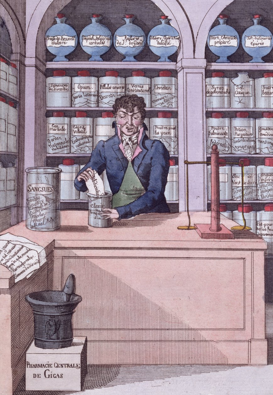 Zeitungsapotheke unter Napoleon, oder der Chemiker Akademiker, Karikatur, die die von Napoleon unterdrückte Presse darstellt von French School