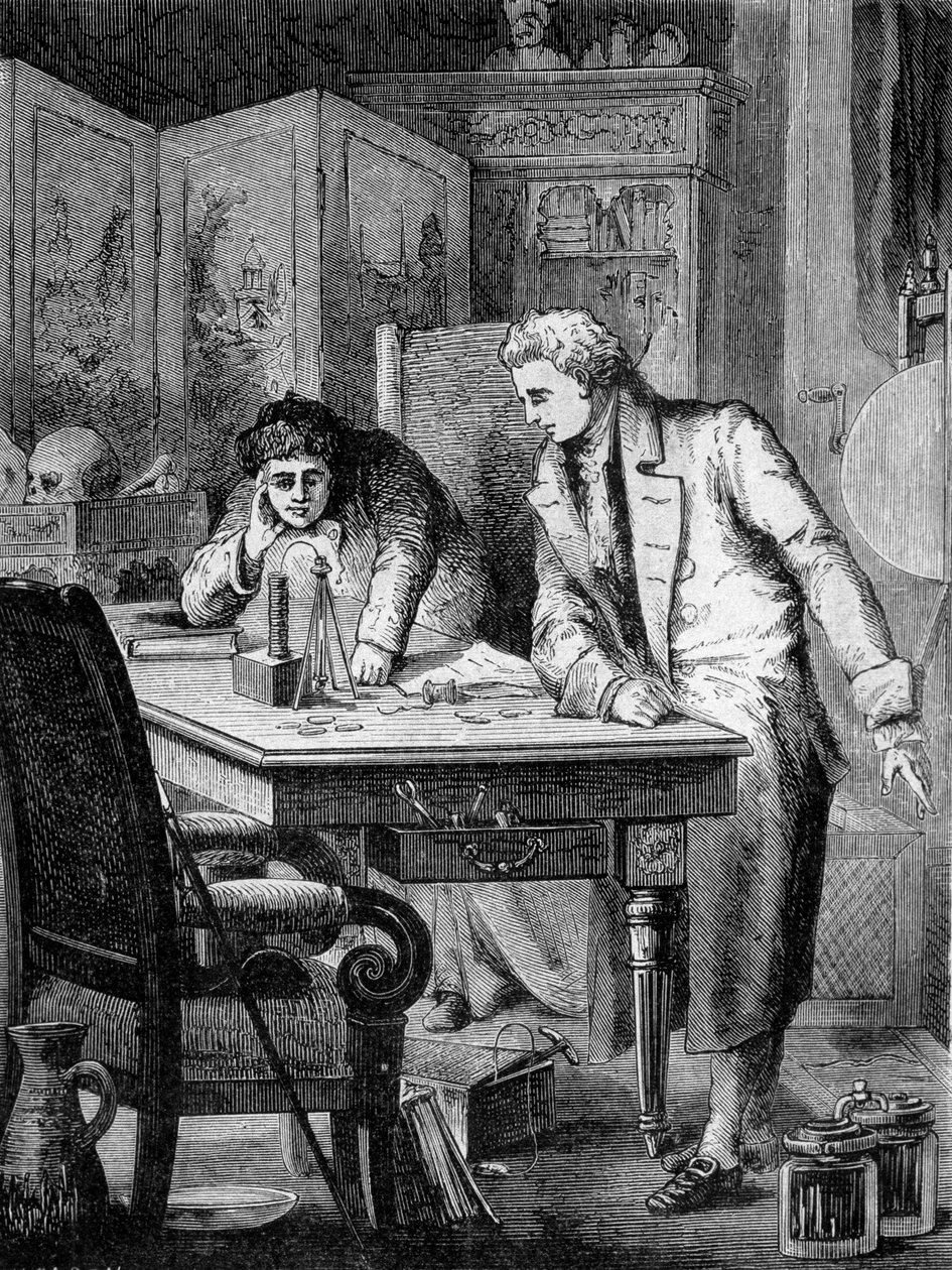 Nicholson und Carlisle in London, zersetzen Wasser mit der Voltasäule (Säule von Alessandro Volta), 2. Mai von French School