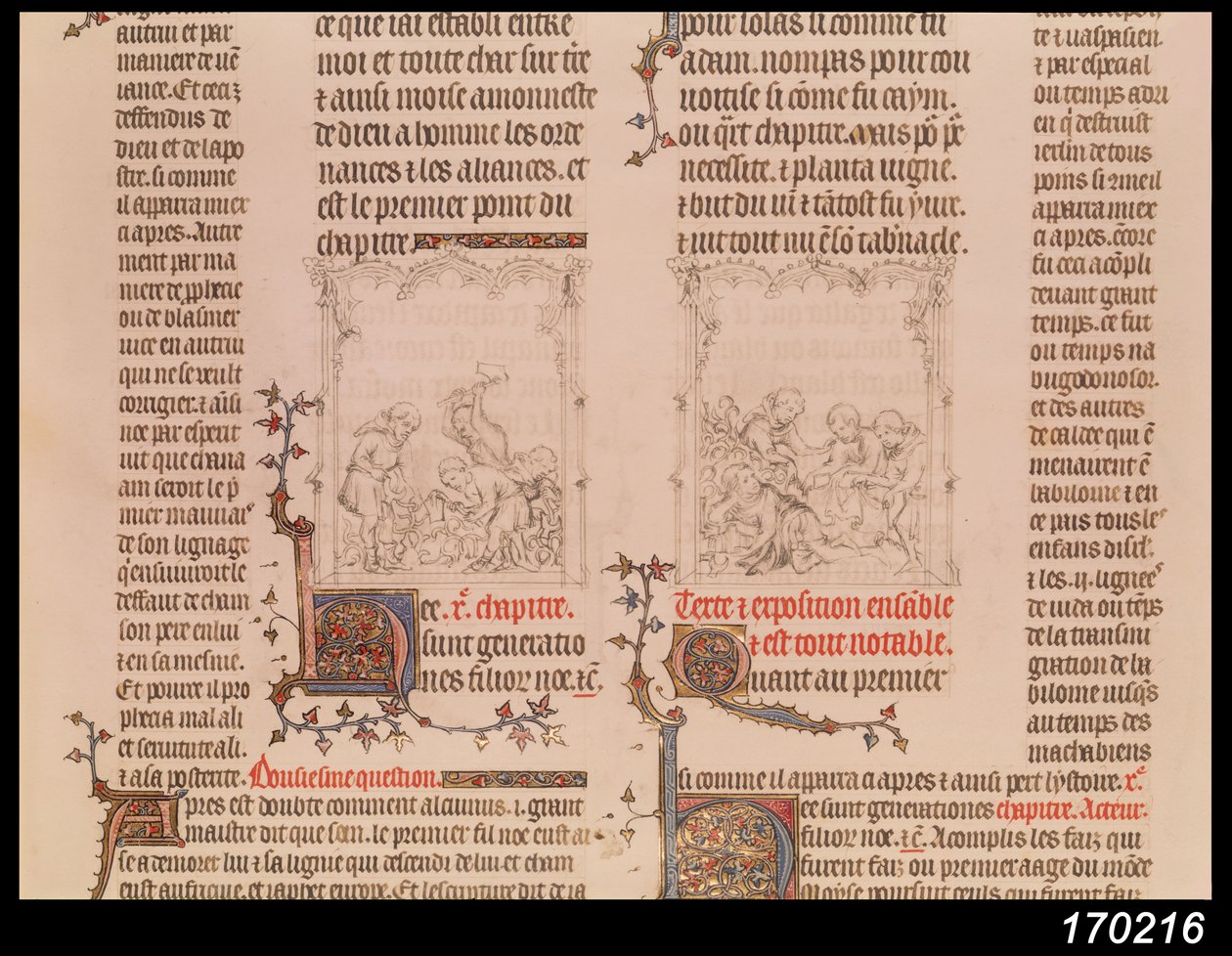 Noah im Weinberg und die Trunkenheit Noahs, aus der Bibel von Jean Sy, ca. 1355 von French School