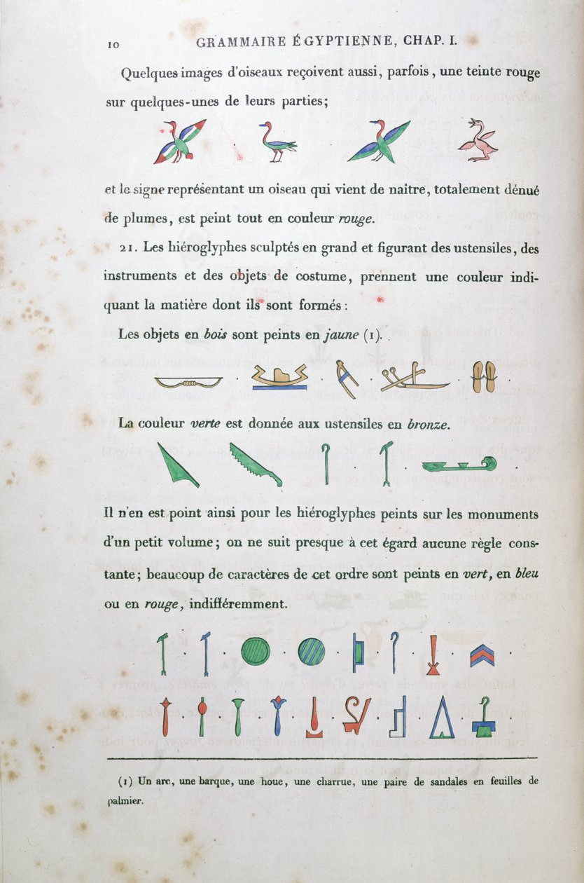Notizen zur Färbung bestimmter Hieroglyphen, aus Grammaire Egyptienne von Jean Francois Champollion (1790-1832) 1836 von French School