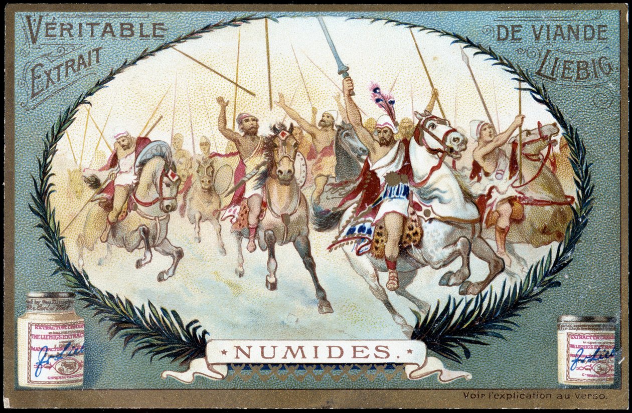 Numidien in der Antike: Numidisches Reiterspiel. Liebig Chromolithografie späte 19. Jahrhundert. von French School