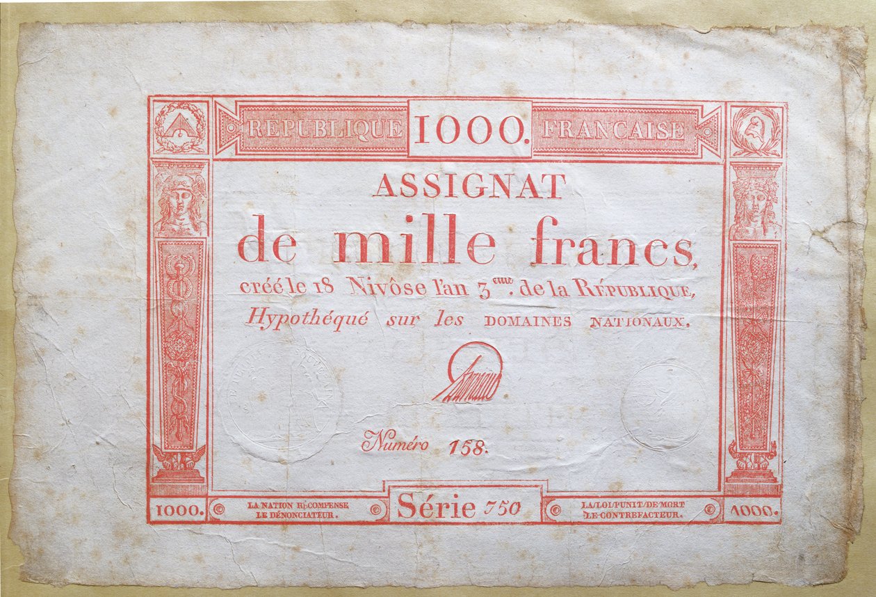 Eintausend-Franc-Banknote, 1795 (Tinte auf Papier) von French School