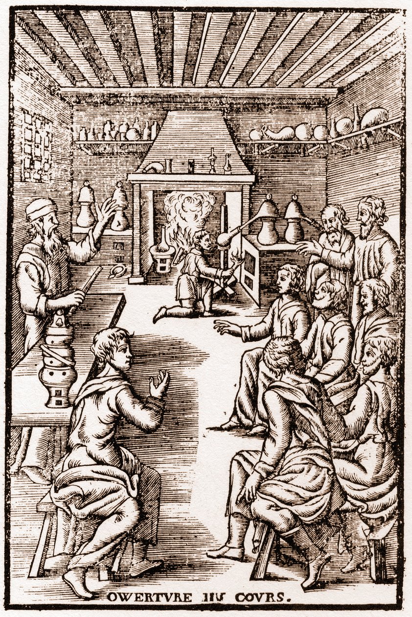 Eröffnung des Kurses der transmutatorischen Chemie - Gravur von 1653 in „LE VRAY ET METHOD COURSES DE PHYSICS RESOLUTIVE“ von Annibal Barlet von French School