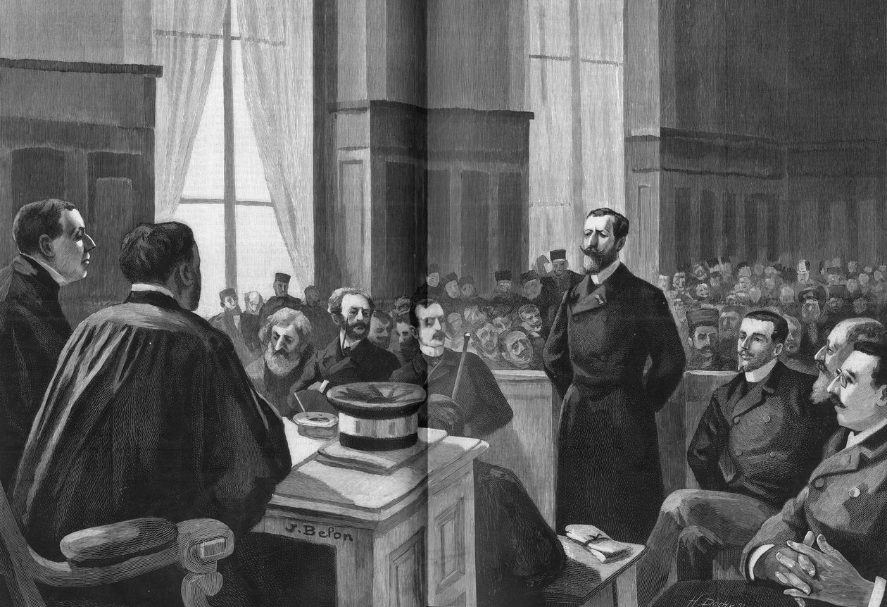 Eröffnung der Verhandlungen der Liga der Patrioten im Jahr 1889. Präsident Gillet, Naquet, Laisant, Laguerre, Deroulede, Richard, Turquet, Gallian. von French School