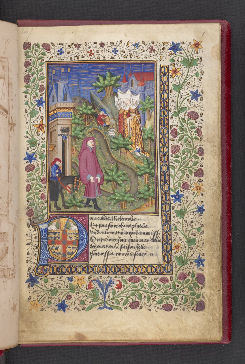 Eröffnungsseite. Ein Herr in einer Landschaft, gefolgt von einem anderen auf einem Pferd, mit drei Damen. Le livre des quatre dames; von Alain Chartier von French School