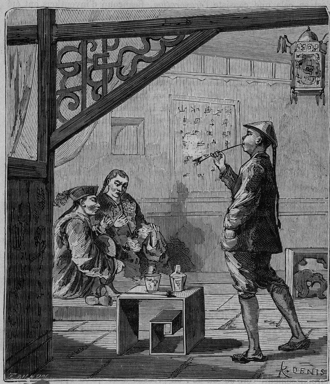 Opiumraucher in China im 19. Jahrhundert - Chinesische Opiumraucher - Gravur in „Wissenschaften für alle - Populäre Physik und Chemie“ von Alexis Clerc - Ende 19. Jahrhundert - Private Sammlung von French School