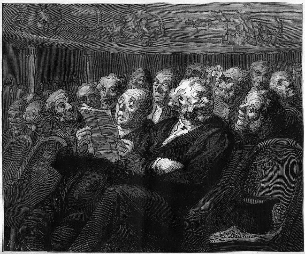 Orchesterstühle. Karikatur von Honoré Daumier (1808-1879). Gravur in „Le Monde Illustré“ Nr. 1101 vom 4. Mai von French School