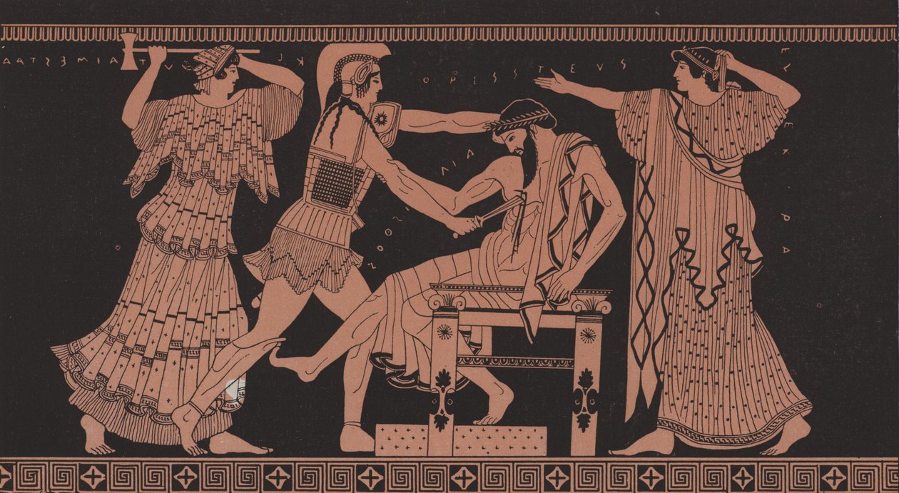 Orestes tötet Aegisthus (Farblithografie) von French School