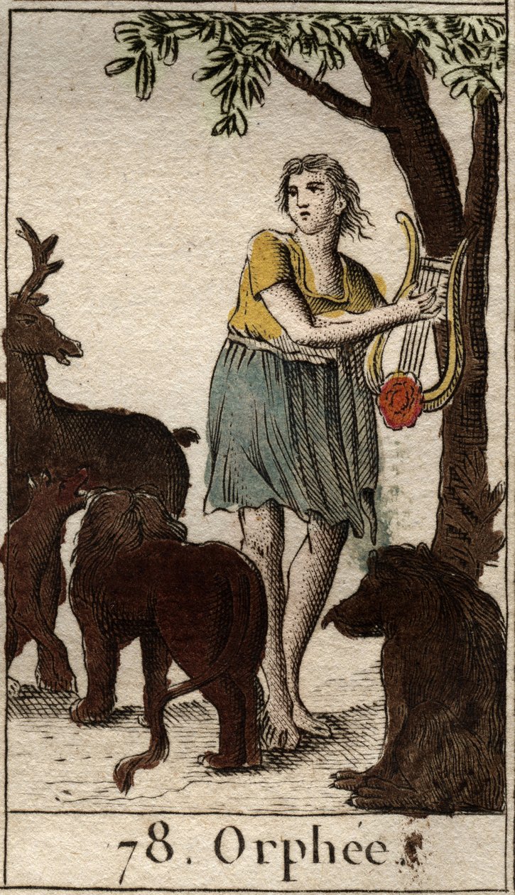 Orpheus bezaubert die wilden Tiere, indem er seine Leier spielt. Aus „Mythologie der Jugend“ von Pierre Blanchard 1803 von French School