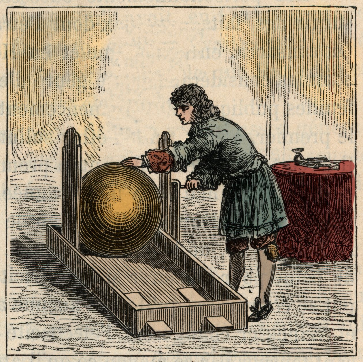 Otto von Guericke (1602-1686), deutscher Physiker, der den ersten statischen Elektrizitätsgenerator bedient von French School