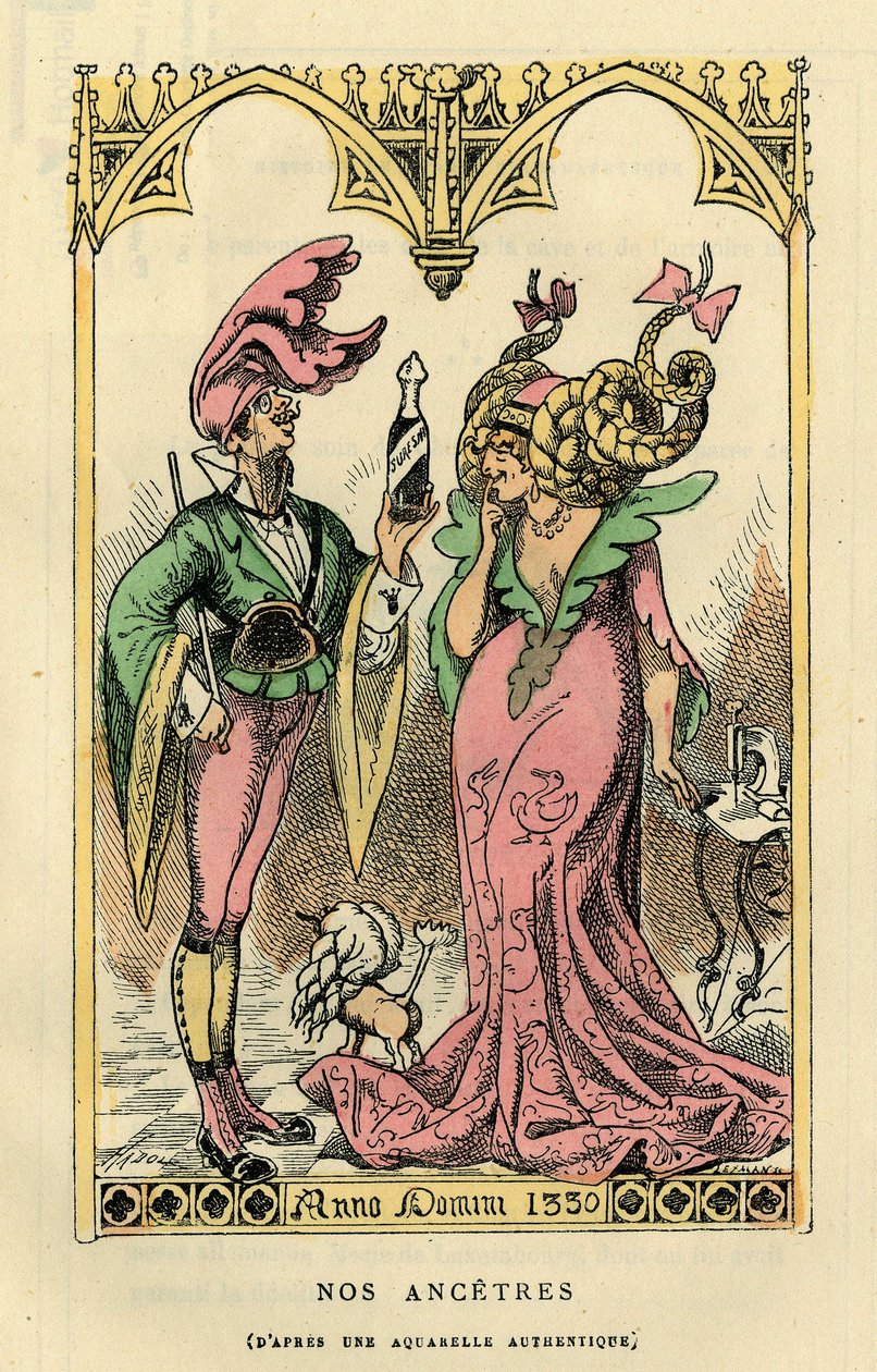 Unsere Vorfahren, Karikatur nach einem Aquarell von 1330. In „Histoire de France Tintamarresque“ von Touchatout, Paris von French School