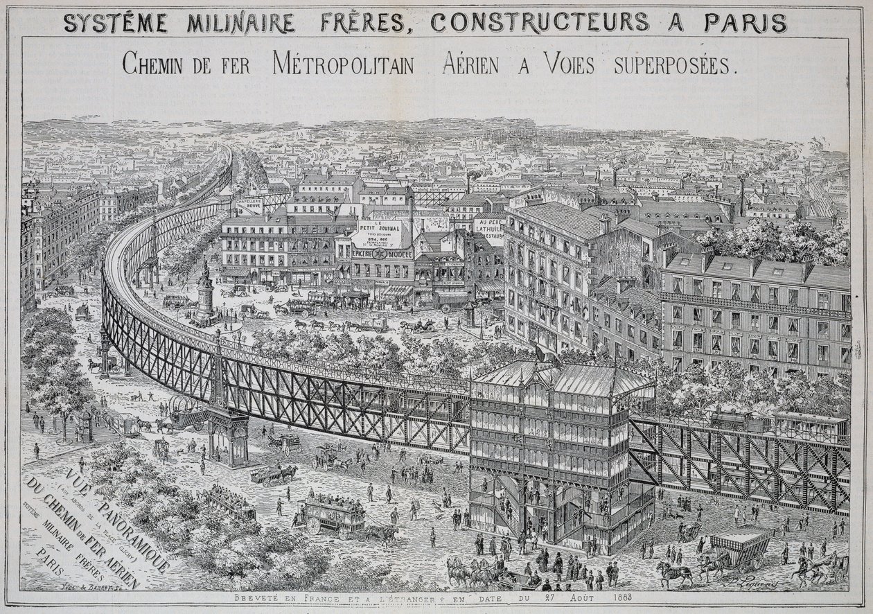 Panoramablick auf die Hochbahn in Paris, Illustration aus Le Metropolitain, Mai 1885 von French School