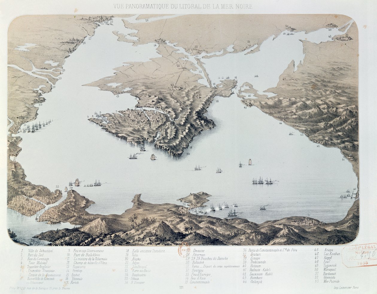 Panoramablick und Plan von Sewastopol und der Schwarzmeerküste zur Zeit des Krimkrieges, 1855 von French School