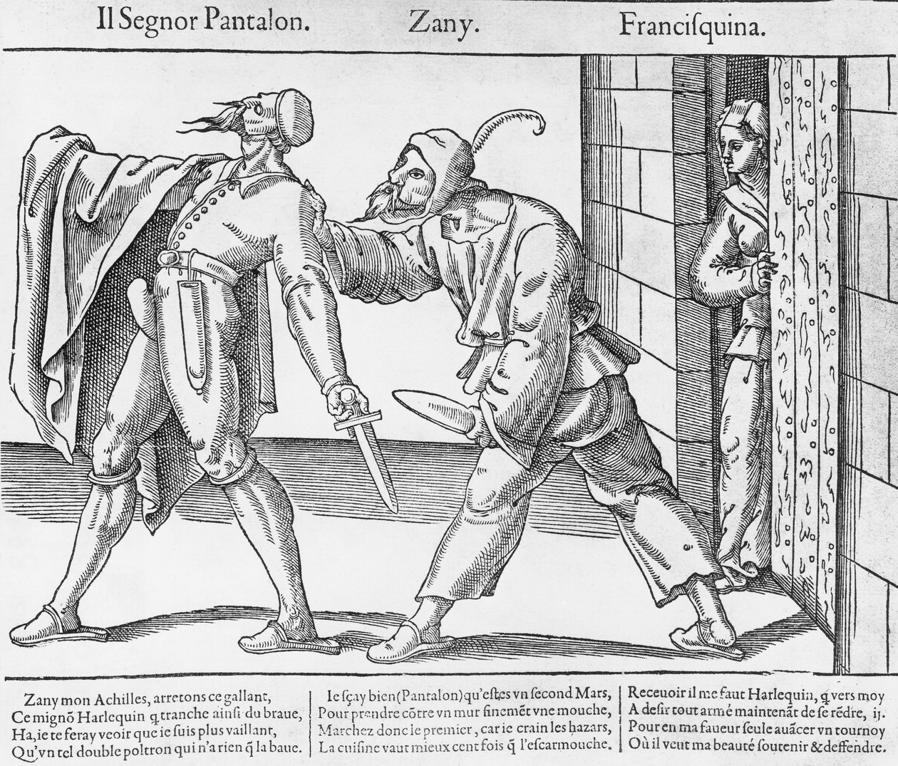 Pantalone, Zanni und Franceschina, Szene aus der italienischen Commedia dell