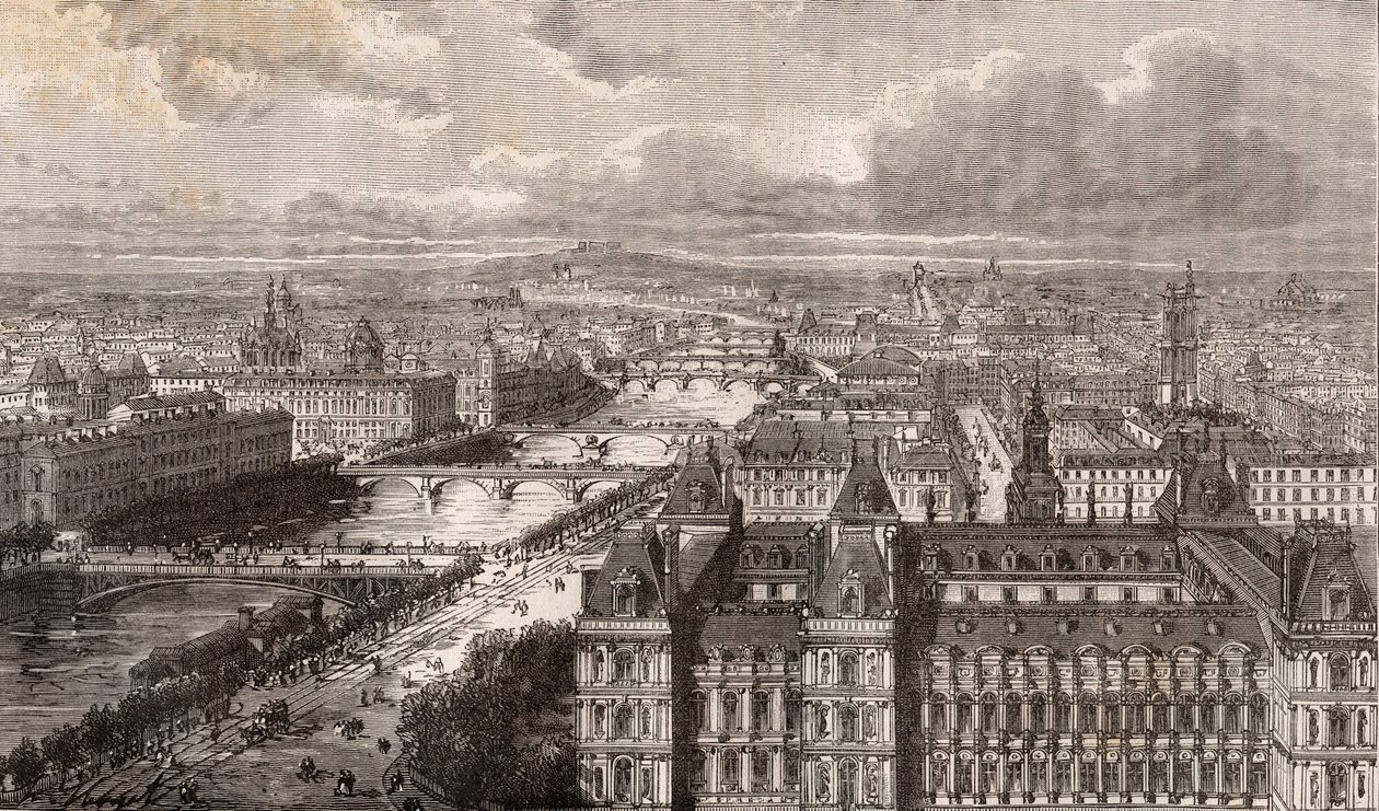 Paris - die Seine - die Brücken - Blick vom Turm Saint-Gervais - Gravur in „La France illustrée: géographie, histoire, administration statistique“ von V.-A. Malt-Brown. 1884 von French School